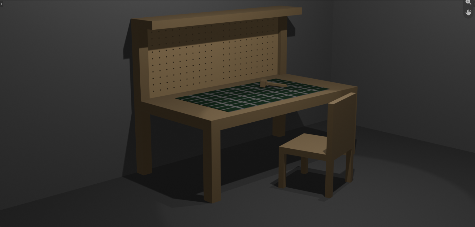 A low-poly workbench and stool modeled in 3D