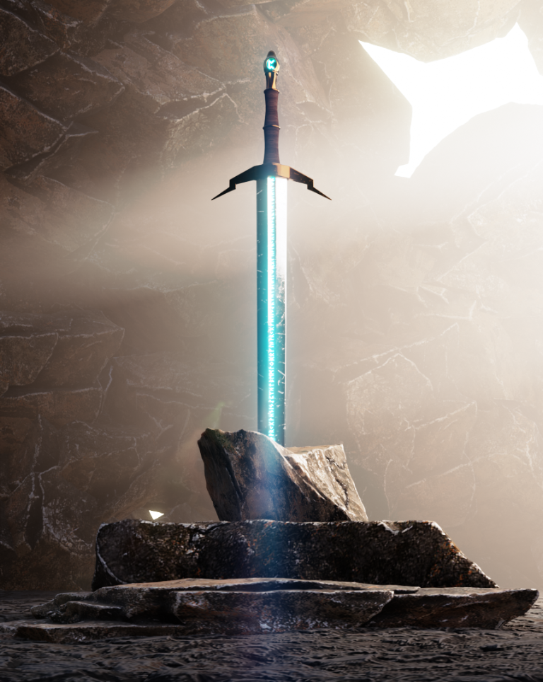 A glowing sword embedded in a stone pedestal