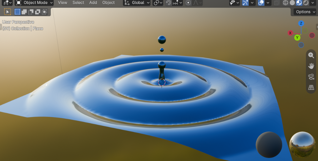 A 3D water surface with concentric ripples and droplets