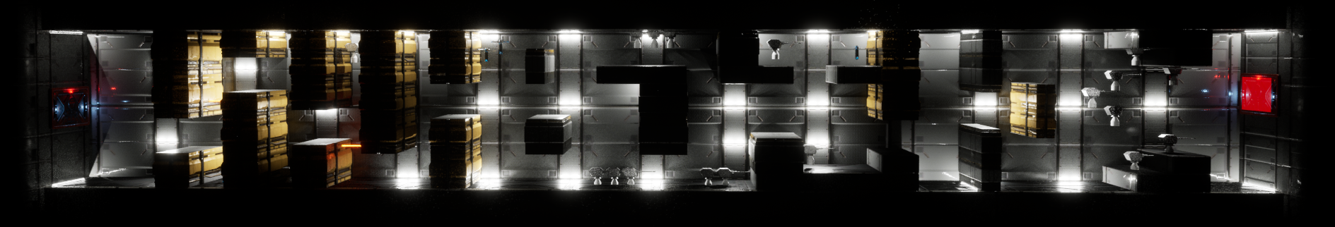 A long finished Splitstar corridor with repeated metal panels and bright strip lighting