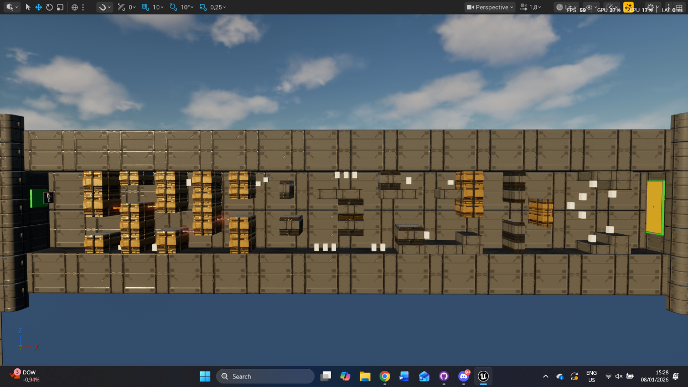 Unreal Engine blockout of a long Splitstar combat room with cover and obstacles
