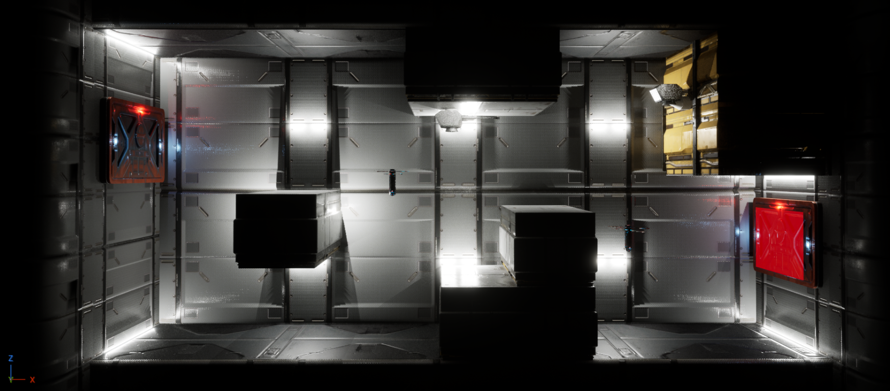 A finished Splitstar arena with layered platforms, industrial lighting, and red-lit doors