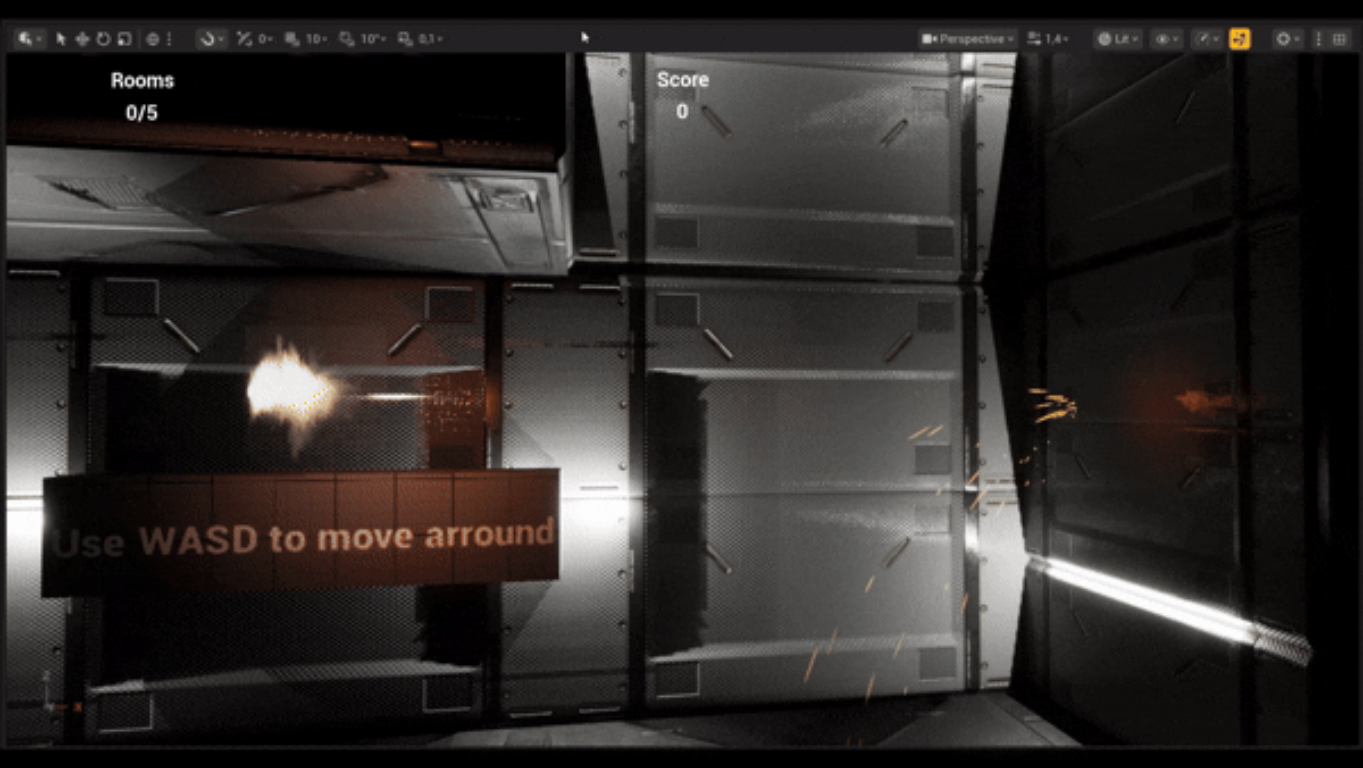 Animated muzzle flash and projectile effect in a Splitstar room