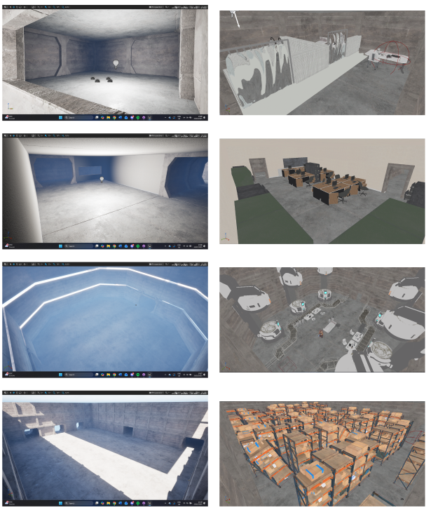 A montage of early Unreal Engine room and prop blockout studies for Sublevel